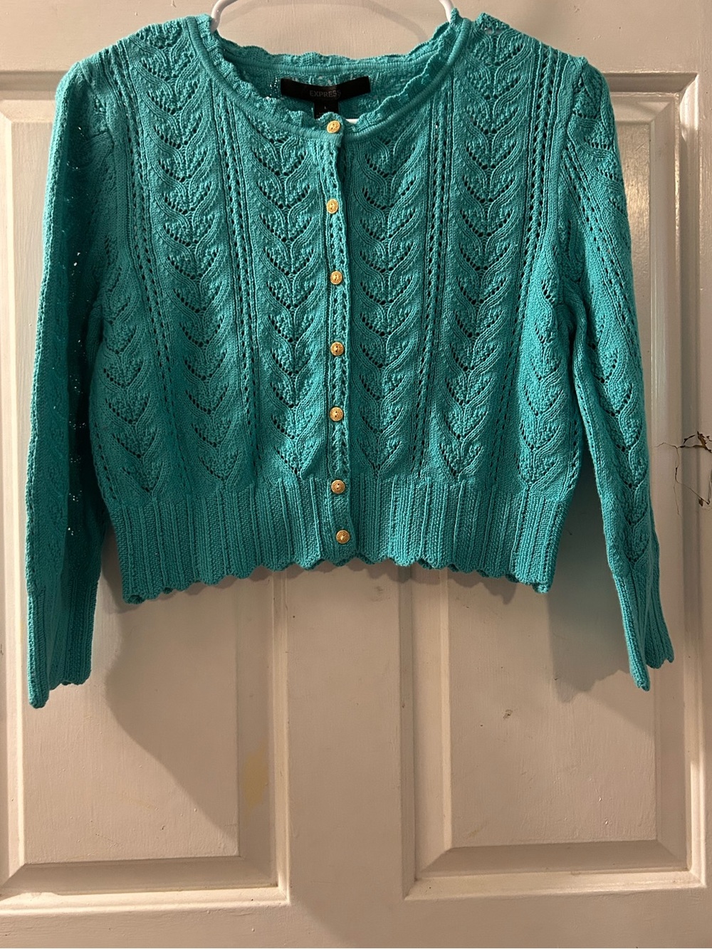 Express Teal Openwork Knit Cardigan with Gold Buttons